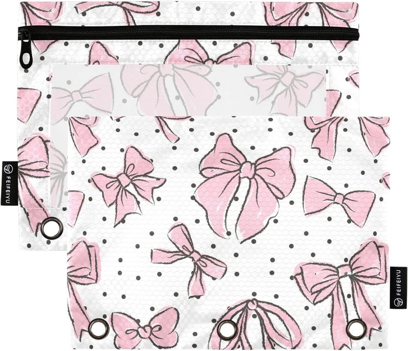 BOENLE Cute Bows Pink Pencil Pouch for 3 Ring Binder, 2 Pack Waterproof Pencil Bags Clear Window Zipper School Office Supplies - Image 1